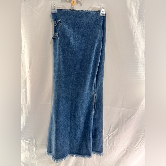 New Understated Leather Western Maxi Skirt in Summer Sky Blue denim split hem - Picture 4 of 6